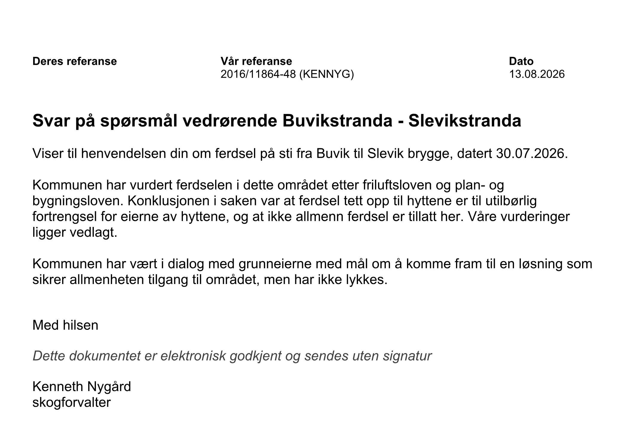 Utsnitt av Fredrikstad kommunes brev «Svar på spørsmål vedrørende Buvikstranda - Slevikstranda», datert 13.08.2026.