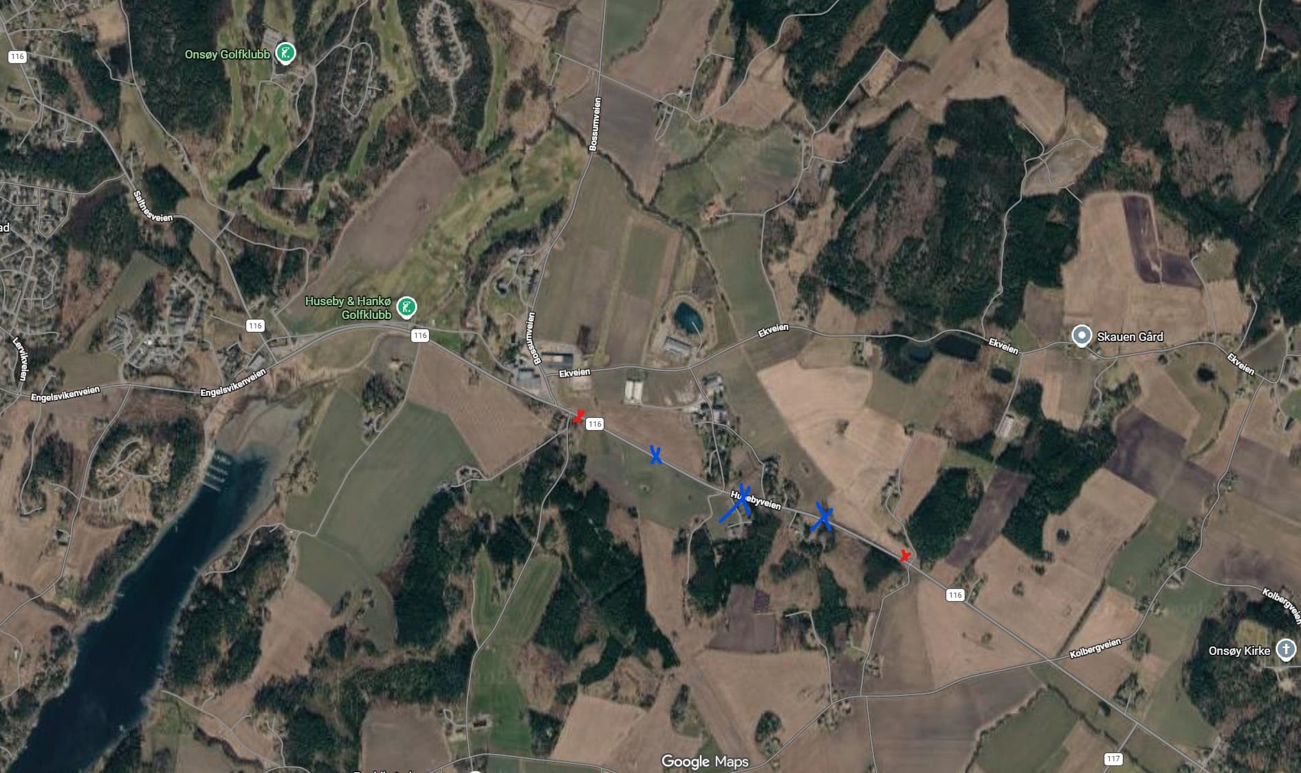 Flyfoto over fylkesvei 116 Husebyveien i Onsøy med røde kryss for de to elgfareskiltene og blå kryss for de mest ulykkesutsatte strekningene