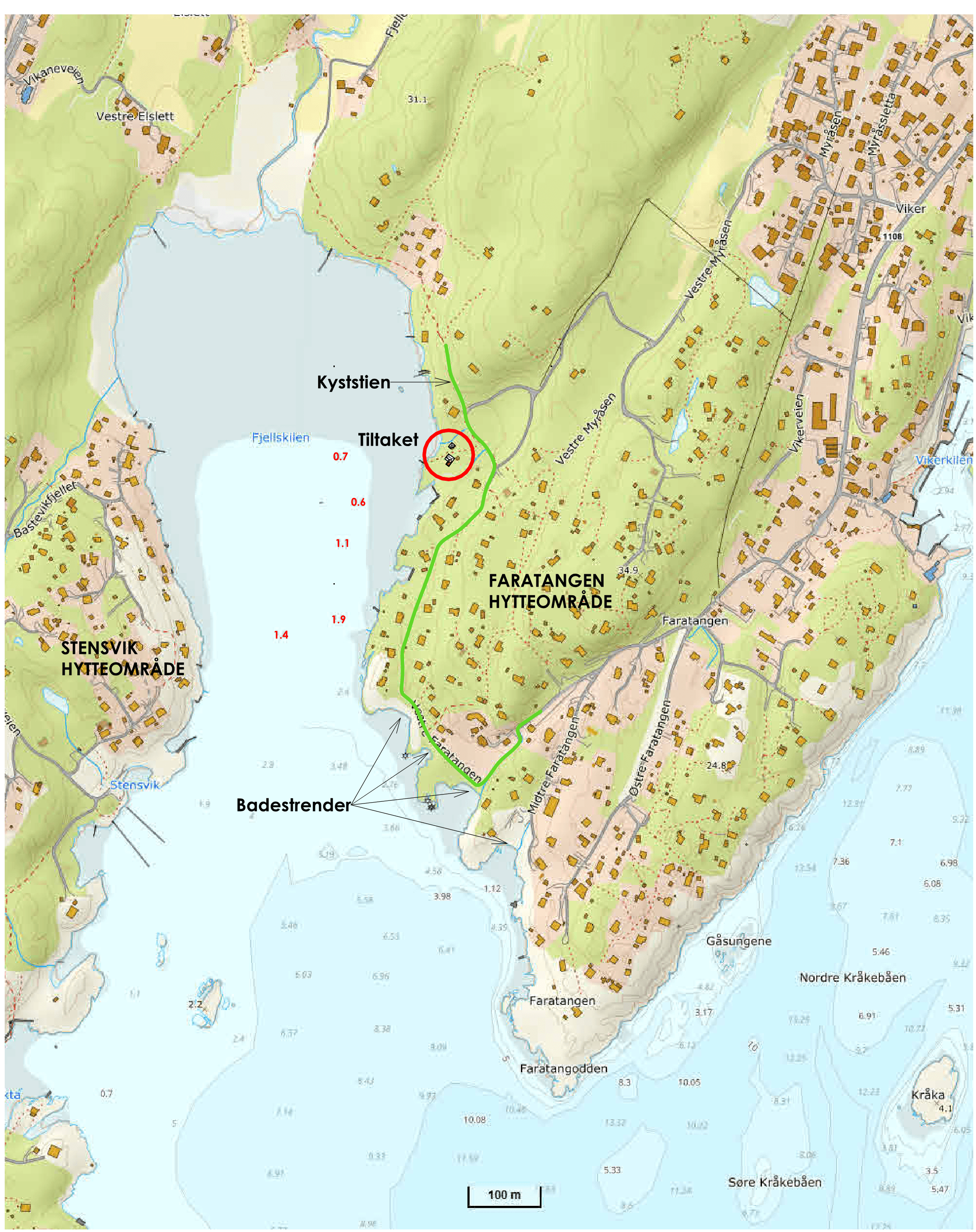 Oversiktskart over Fjellkilen med kyststien i grønt og tiltaket markert med rød sirkel.