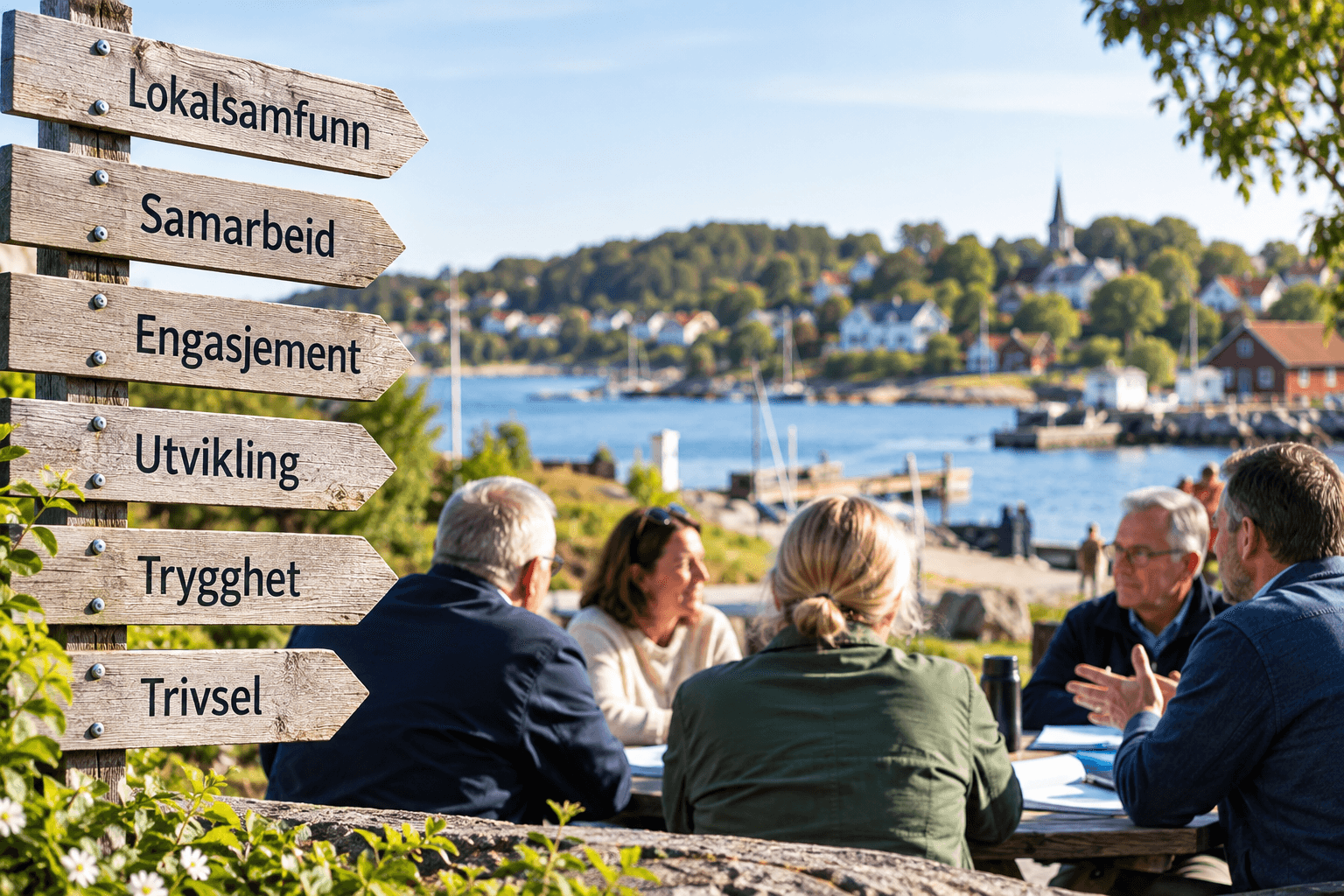 KI-generert illustrasjon av fem voksne rundt et bord utendørs ved sjøen, med en skiltstolpe merket Lokalsamfunn, Samarbeid, Engasjement, Utvikling, Trygghet og Trivsel.