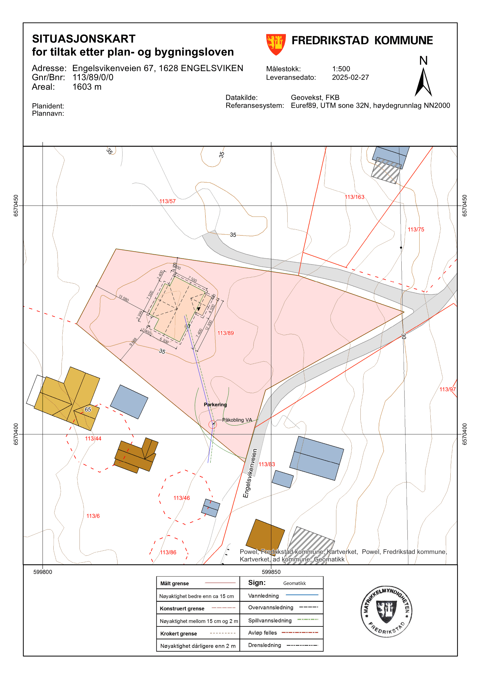Situasjonskart fra Fredrikstad kommune for Engelsvikenveien 67, gnr./bnr. 113/89, der tomta er markert med rosa og den omsøkte bygningen er tegnet inn.