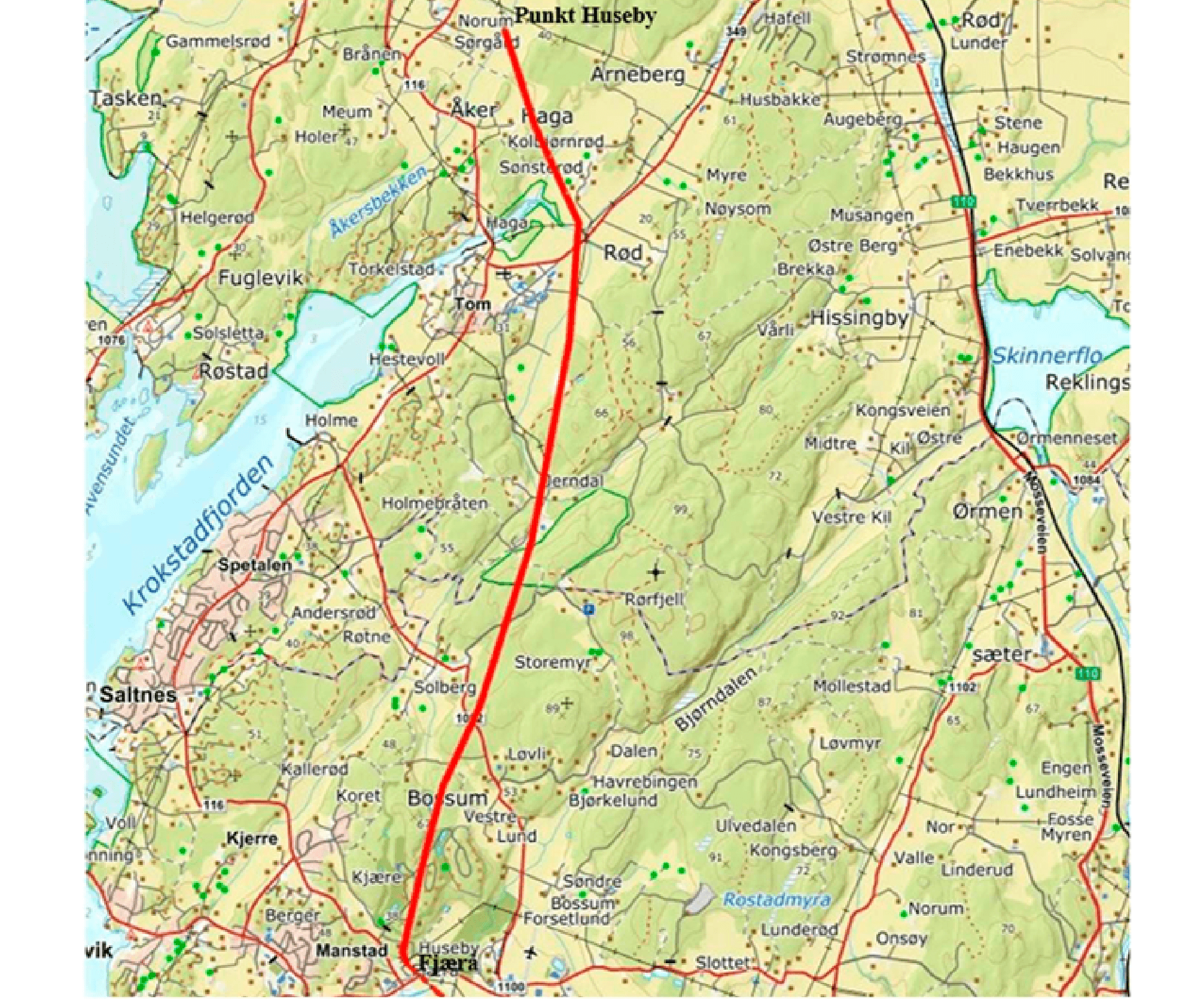 Kart som viser konsesjonssøkt trasé for ny 132 kV kraftledning mellom Punkt Huseby og Fjæra, markert med rød strek