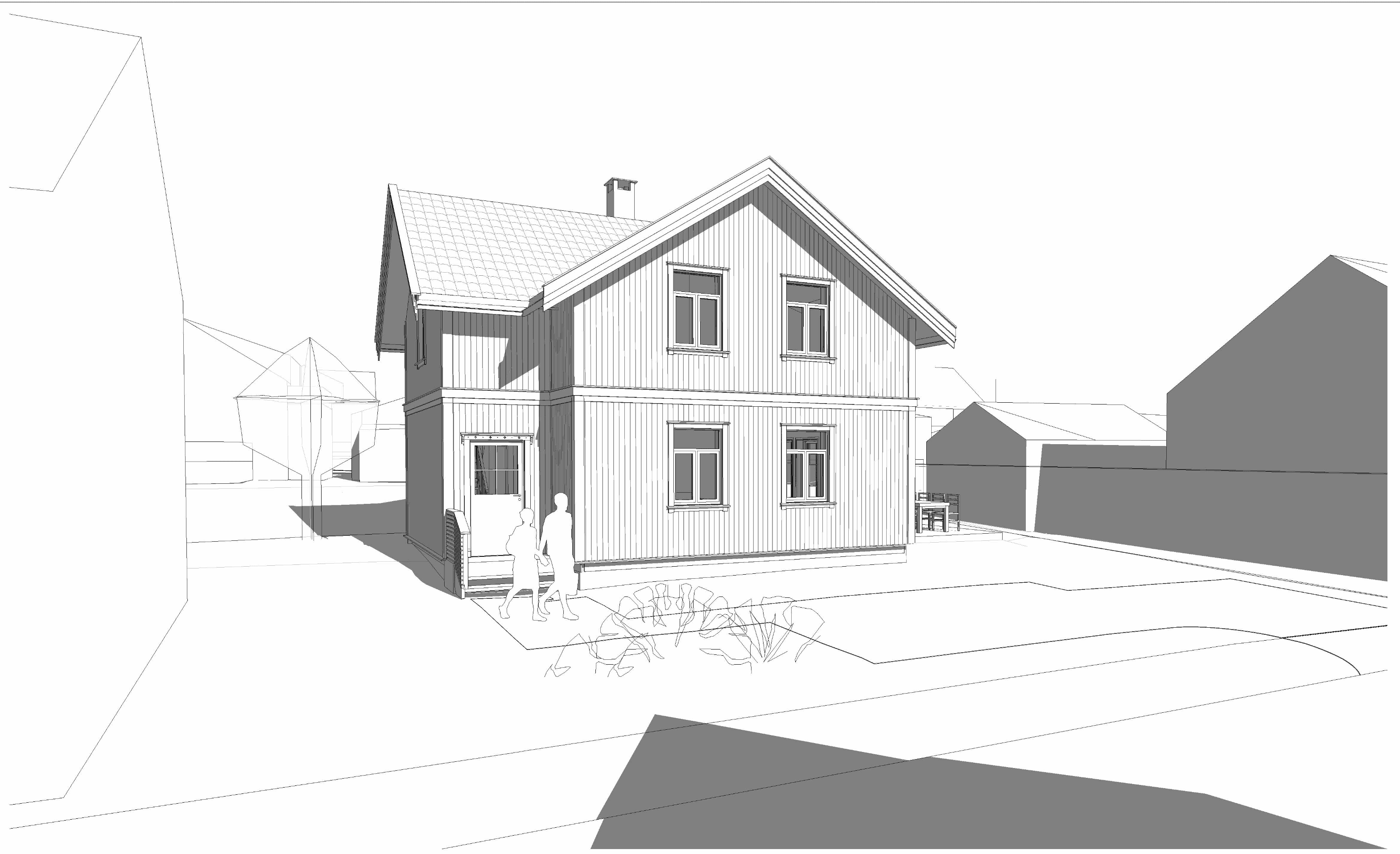 Arkitektens perspektivtegning av den planlagte eneboligen i Haugeveien 15B på Gressvik: et toetasjes trehus med saltak og stående kledning.